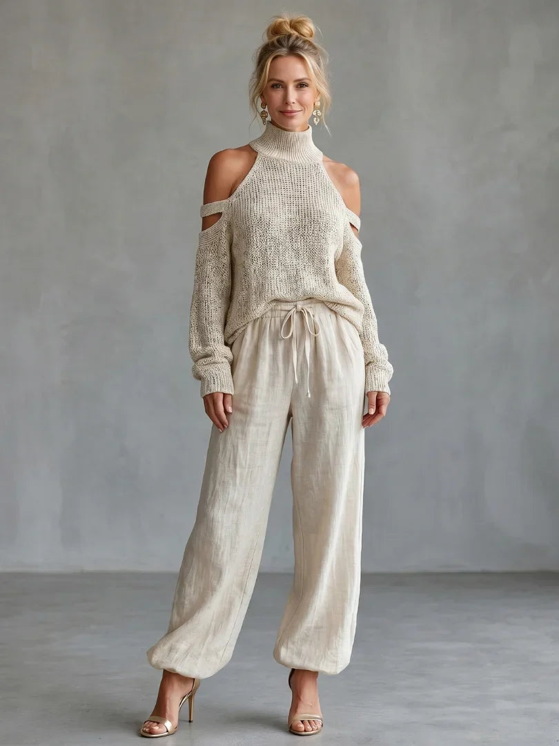 Valentina Baccelli™ Komplet damski weter z odkrytymi ramionami i golfem oraz spodnie wide-leg