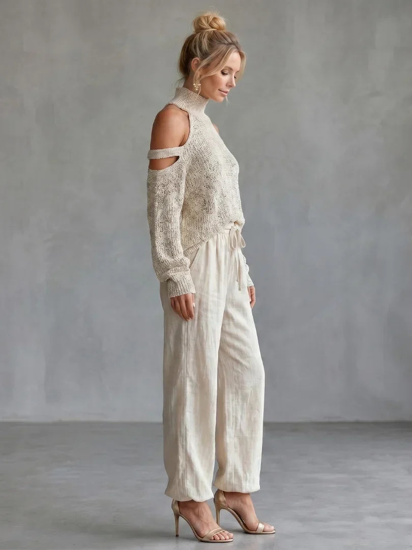 Valentina Baccelli™ Komplet damski weter z odkrytymi ramionami i golfem oraz spodnie wide-leg