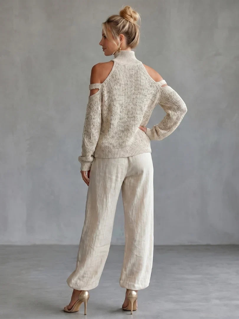 Valentina Baccelli™ Komplet damski weter z odkrytymi ramionami i golfem oraz spodnie wide-leg