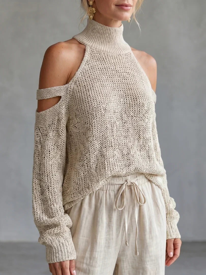 Valentina Baccelli™ Komplet damski weter z odkrytymi ramionami i golfem oraz spodnie wide-leg
