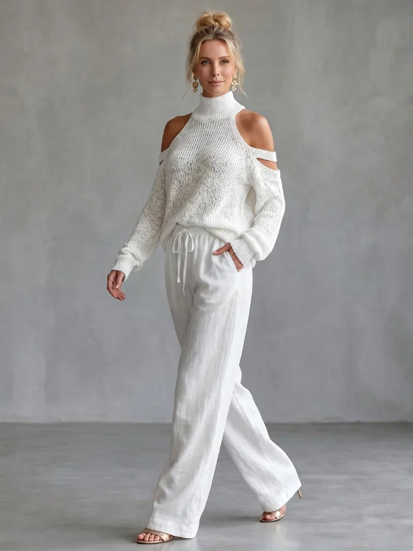 Valentina Baccelli™ Komplet damski weter z odkrytymi ramionami i golfem oraz spodnie wide-leg