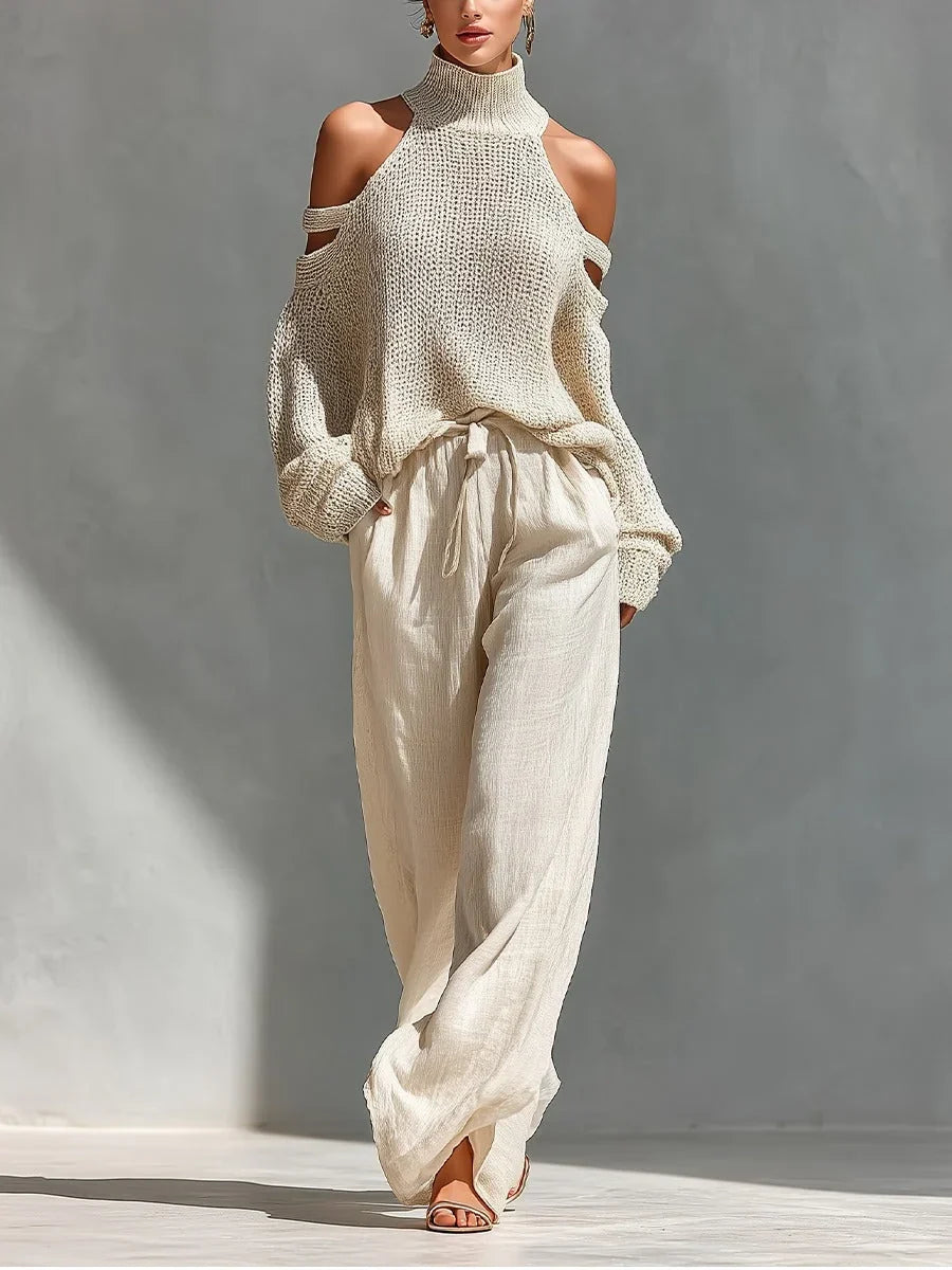 Valentina Baccelli™ Komplet damski weter z odkrytymi ramionami i golfem oraz spodnie wide-leg