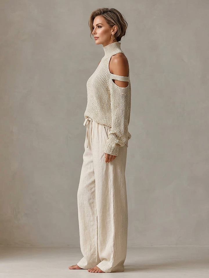 Valentina Baccelli™ Komplet damski weter z odkrytymi ramionami i golfem oraz spodnie wide-leg