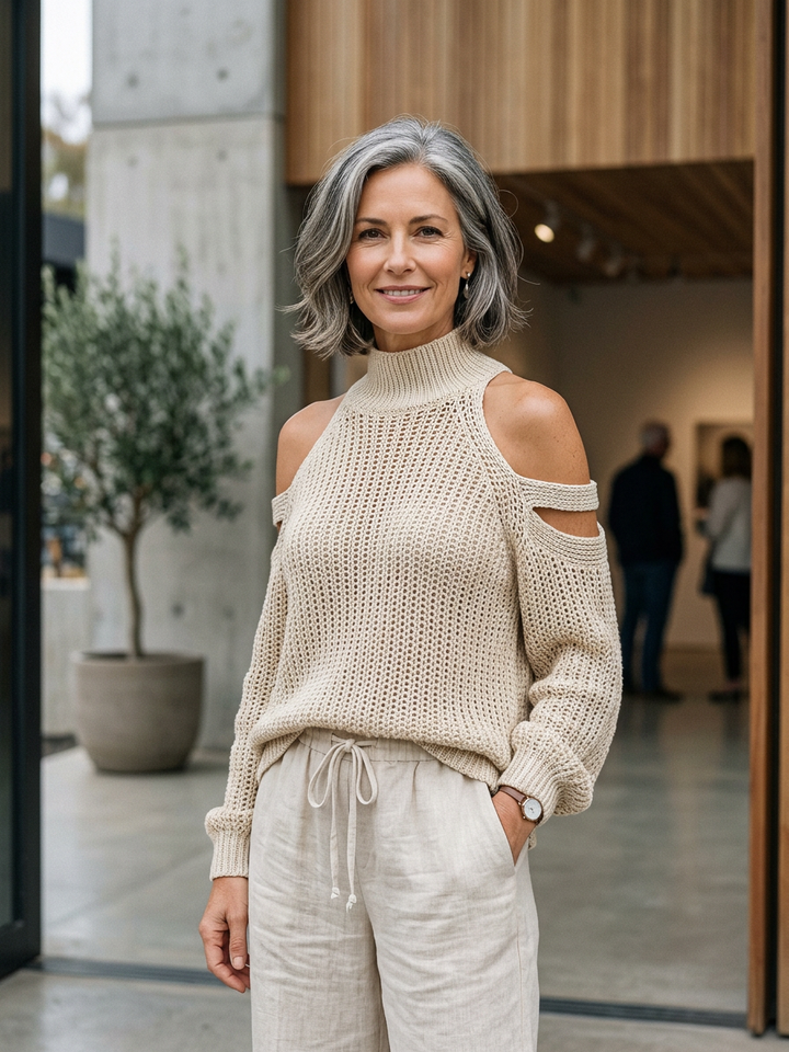 Valentina Baccelli™ Komplet damski weter z odkrytymi ramionami i golfem oraz spodnie wide-leg