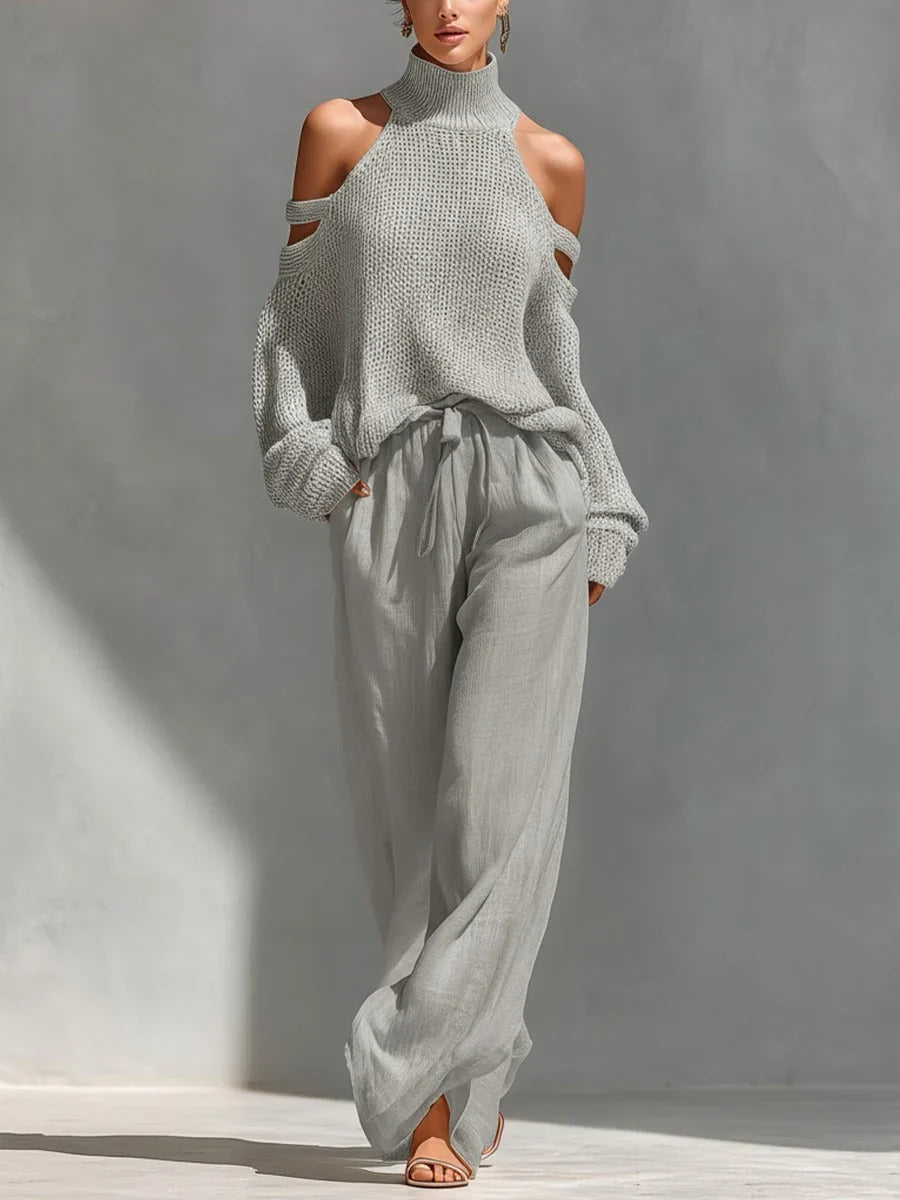 Valentina Baccelli™ Komplet damski weter z odkrytymi ramionami i golfem oraz spodnie wide-leg