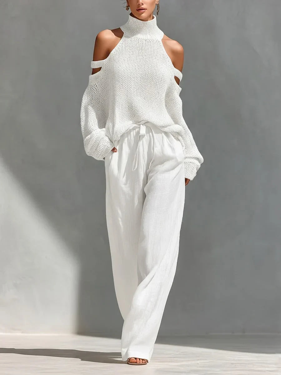 Valentina Baccelli™ Komplet damski weter z odkrytymi ramionami i golfem oraz spodnie wide-leg