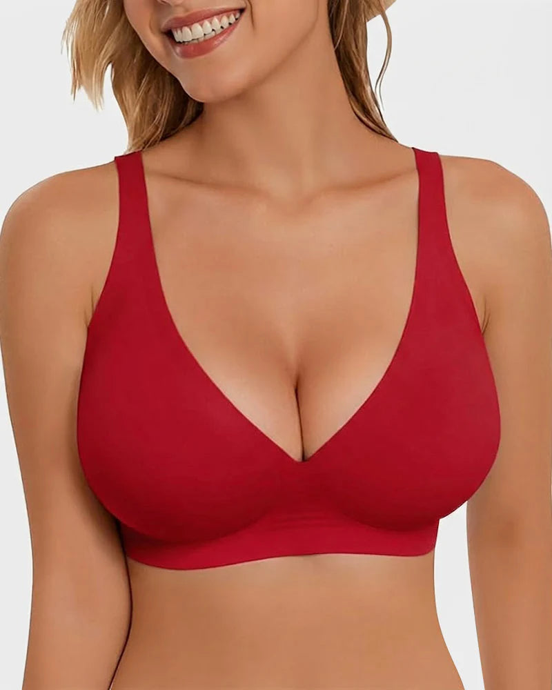 Velura Soft Deep V Bralette - model wearing seamless deep v-neck bra in lifestyle setting