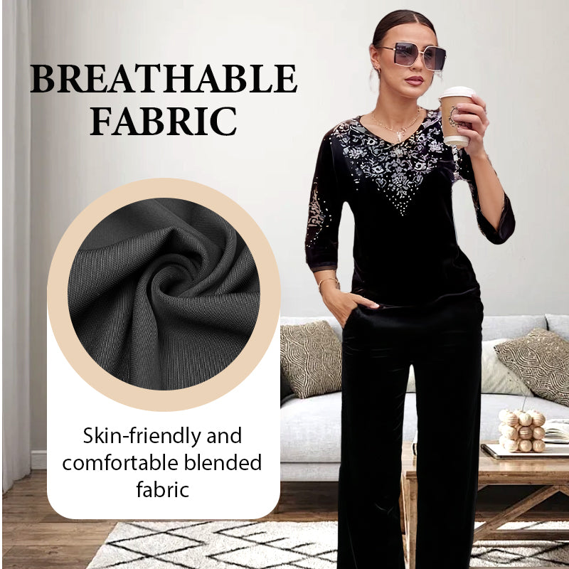 Viviana Cristozzi Elegant Velvet Crystal Set - women's velvet pants detail and drape view