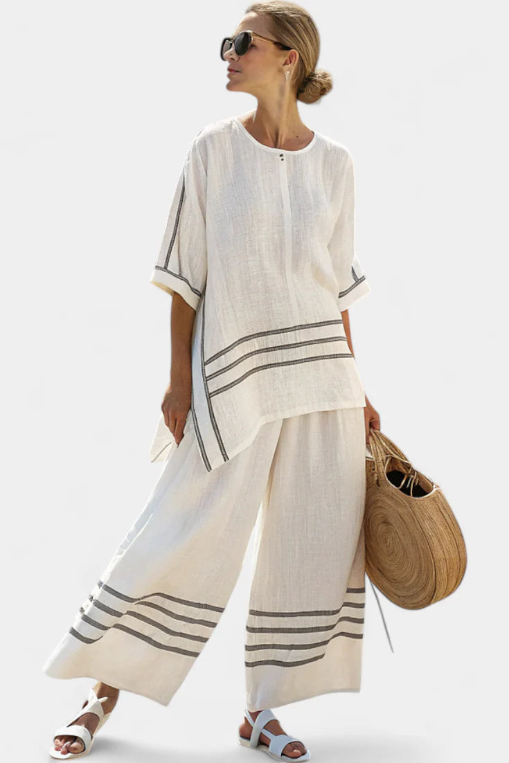 Viviana Chic Striped Set - striped wide leg trousers and asymmetrical blouse side view